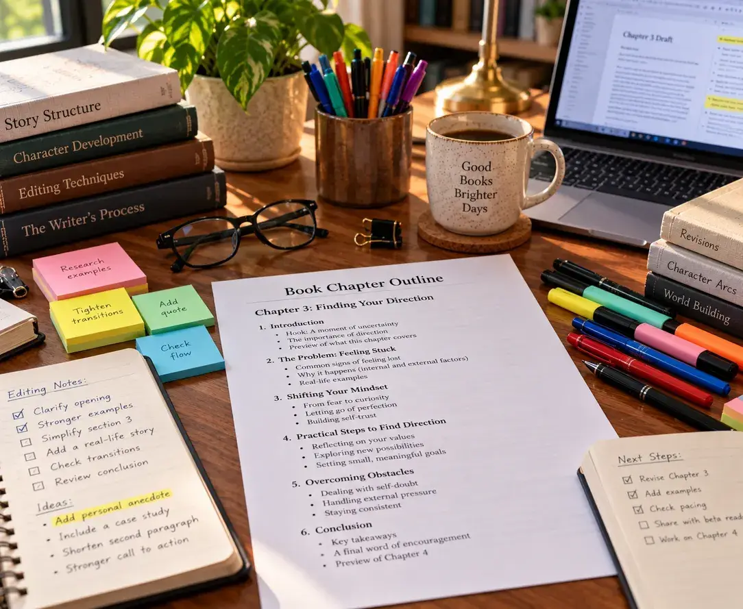 Chapter outline, editing notes and writing books on a desk