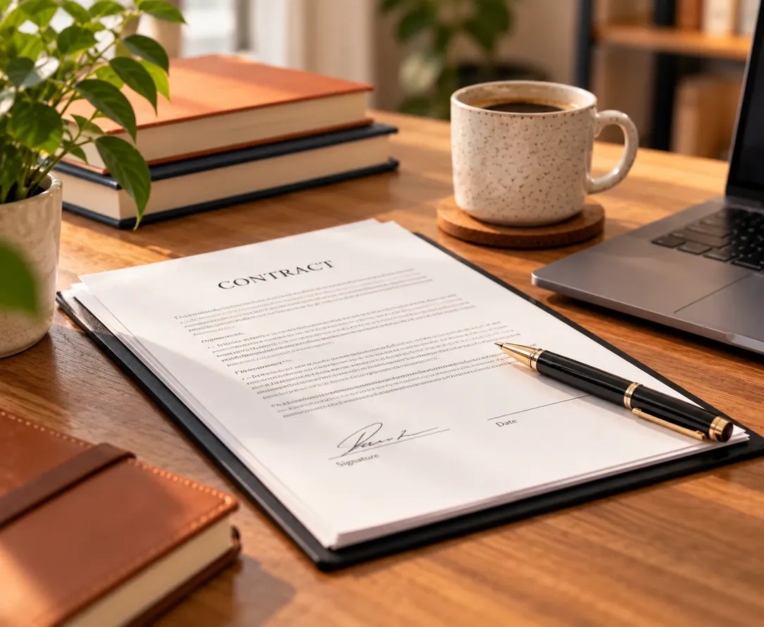Ghostwriting contract with a pen on a clipboard beside a laptop and coffee