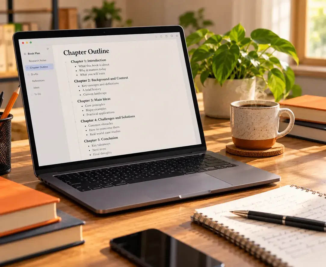 Laptop showing a book chapter outline beside a notebook and pen