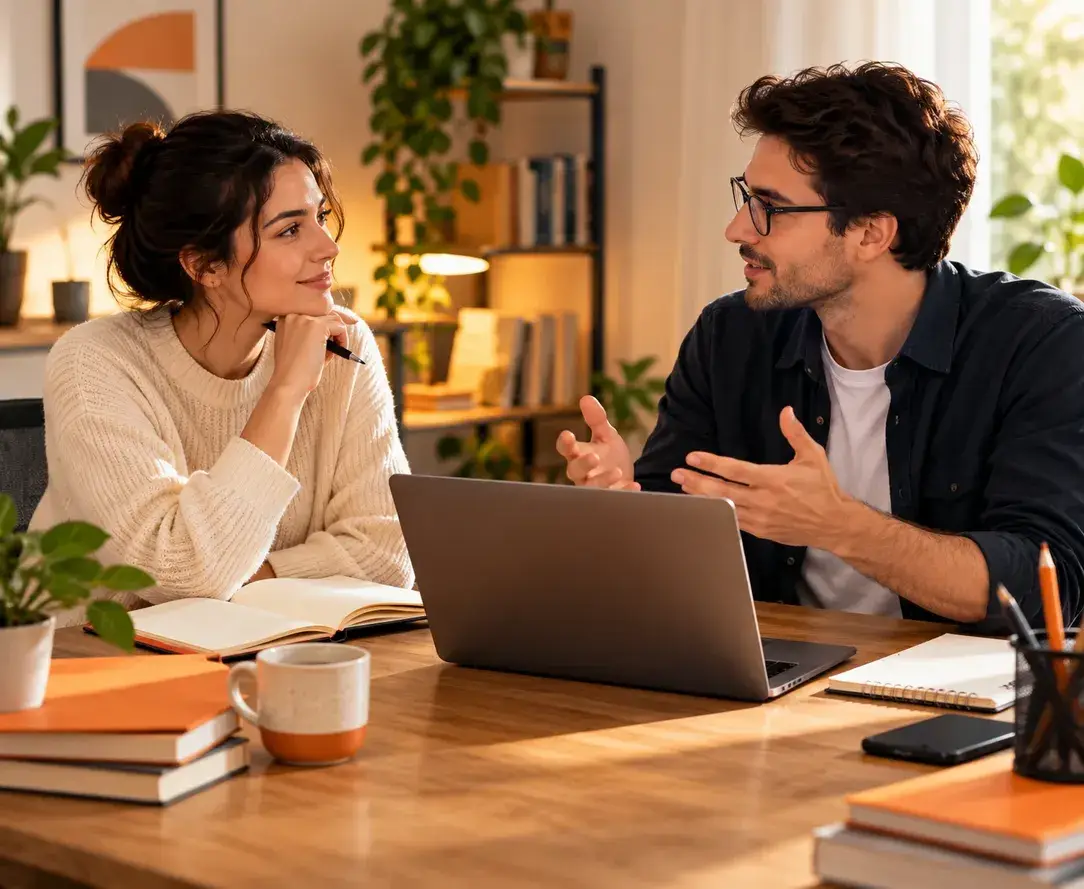 Author and writer discussing a book project over a laptop and notebooks