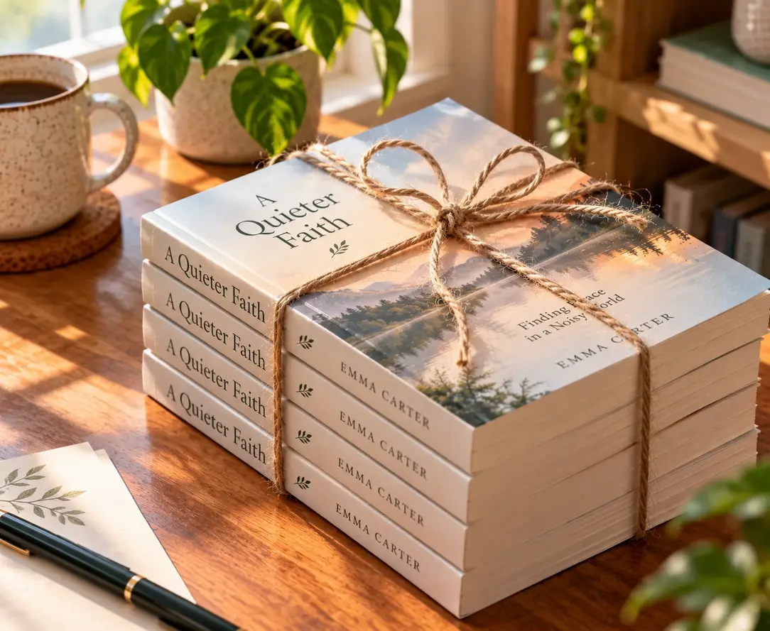 Four paperback copies of a finished book tied with twine
