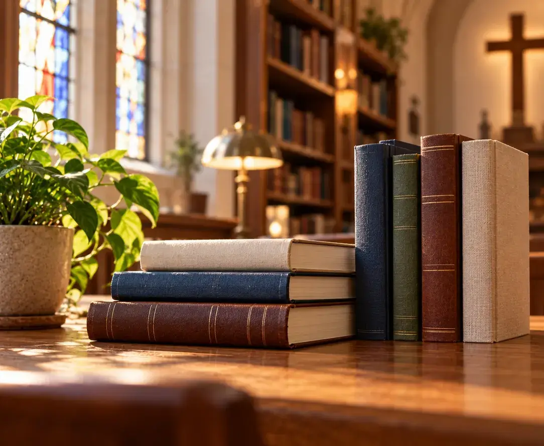 Books on a table in a church library beneath stained glass windows