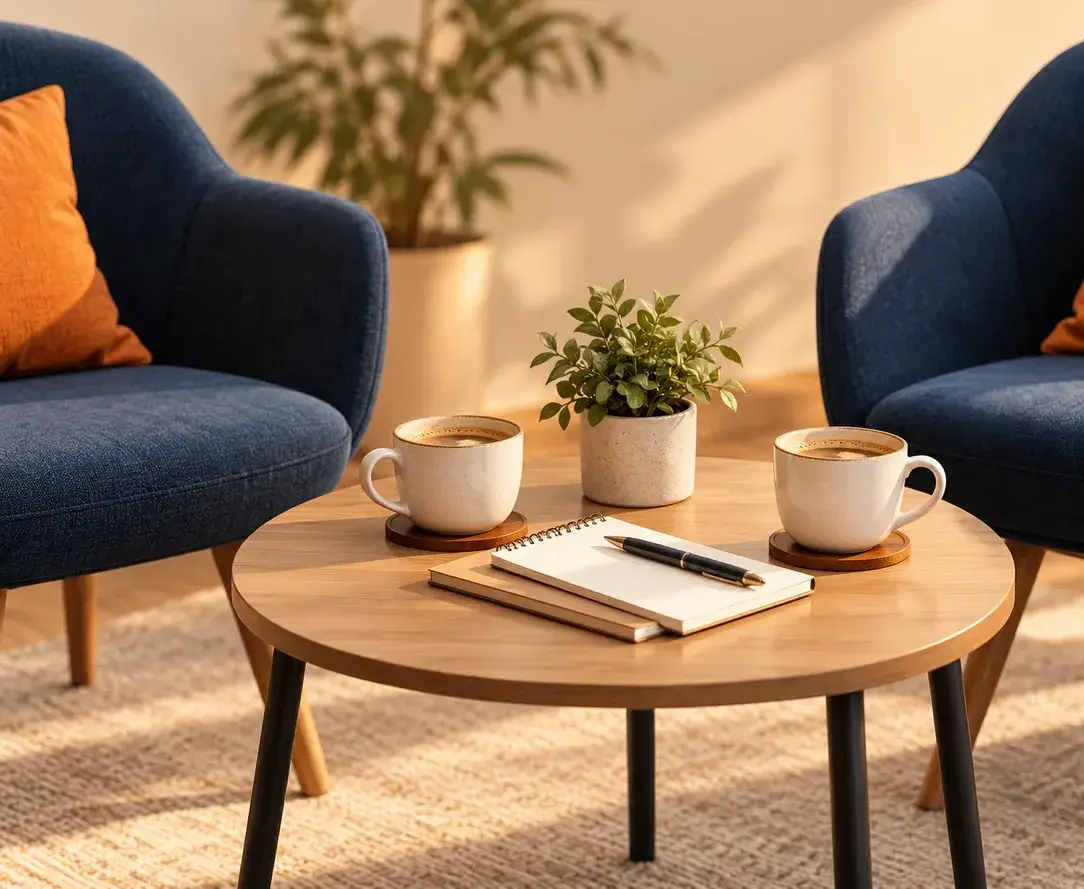 Two armchairs and a coffee table set for a one-on-one conversation