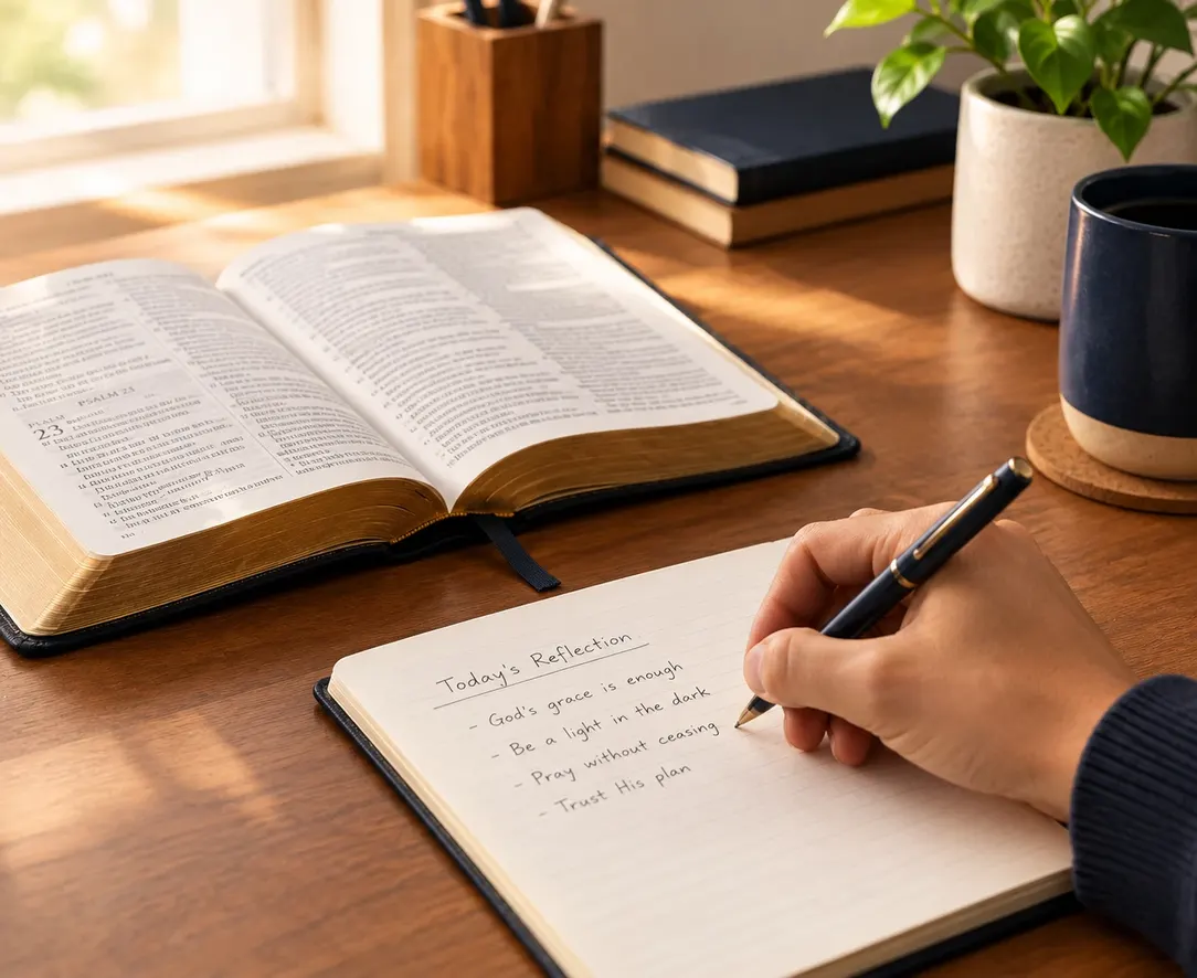 Hand writing a reflection in a journal beside an open Bible