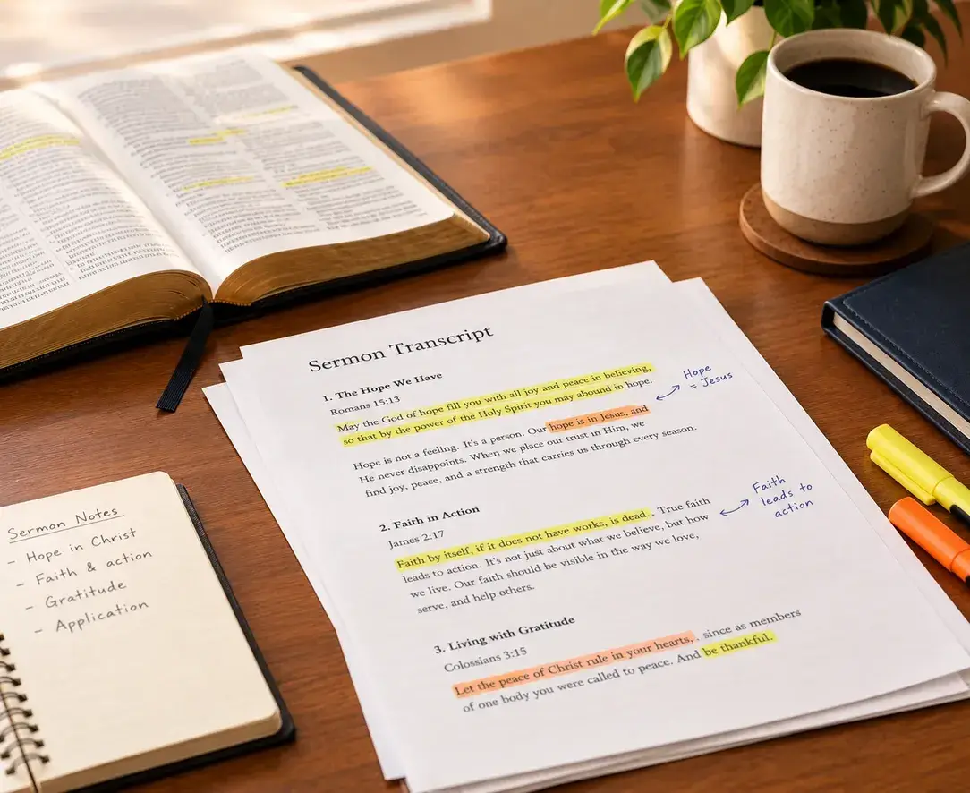 Highlighted sermon transcript with scripture references beside an open Bible