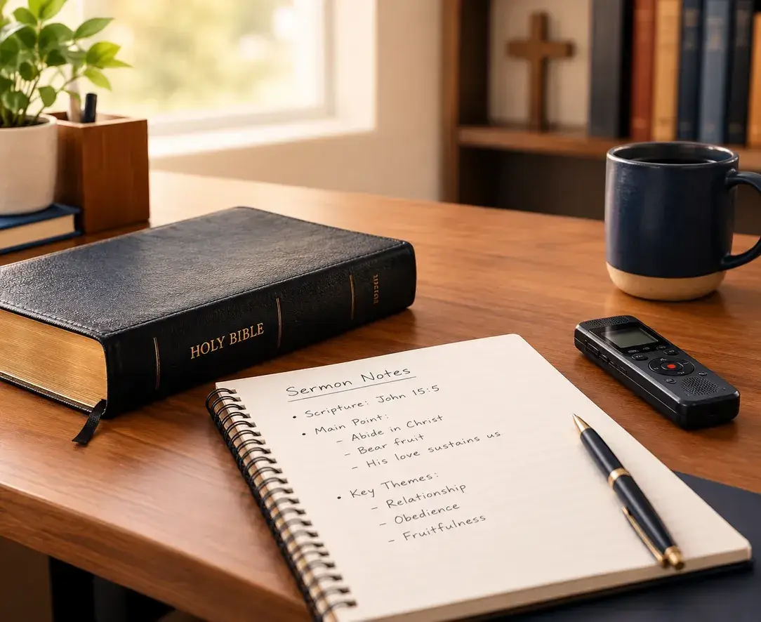 Sermon notes, a Bible and a voice recorder on a desk