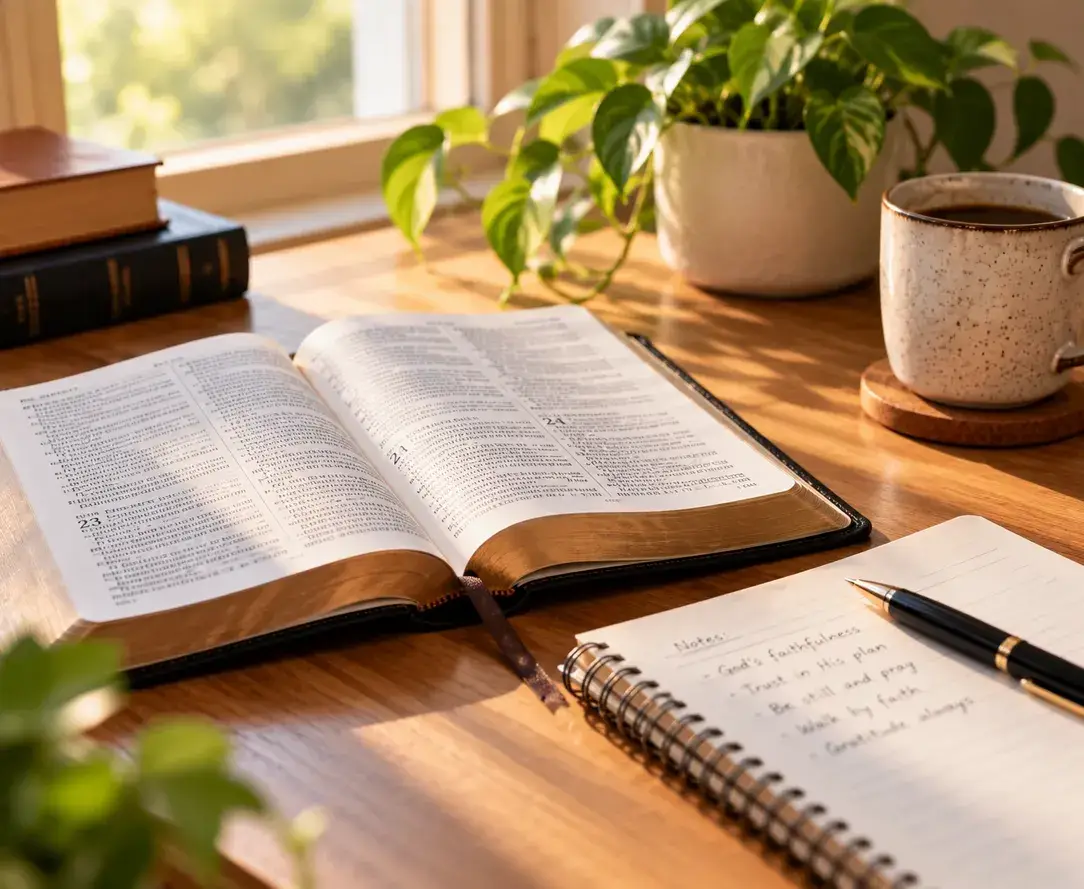 Open Bible and a notebook of faith notes in morning light