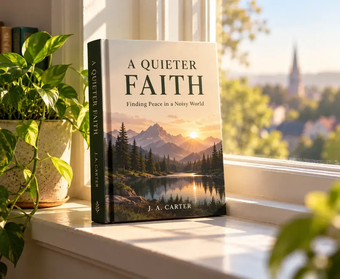 Hardcover Christian book on a sunlit windowsill beside a plant