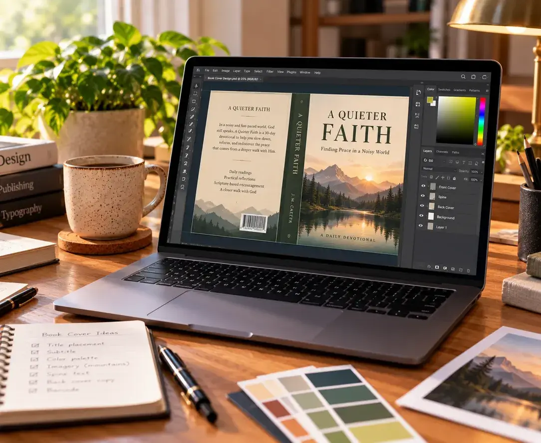 Laptop showing a devotional book cover design with color swatches and cover notes