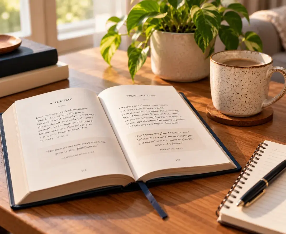 Open devotional book with scripture quotations and page references