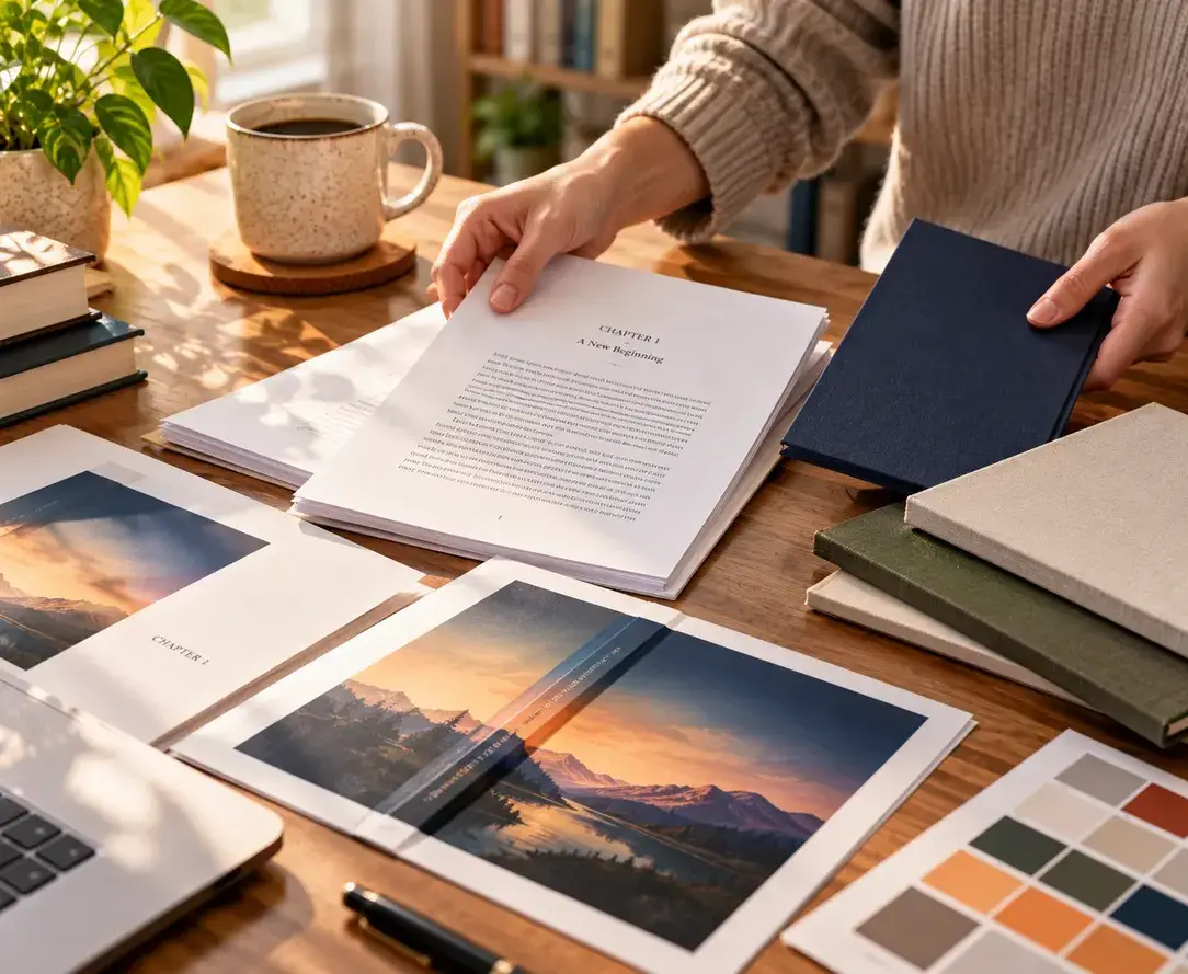 Manuscript pages, cover proofs and cover material swatches on a desk