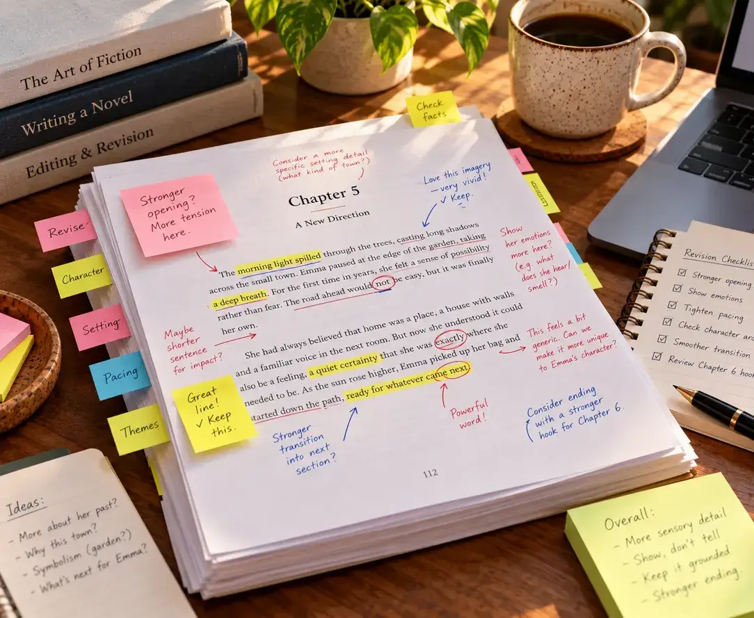 Manuscript pages with margin comments, sticky notes and revision tabs