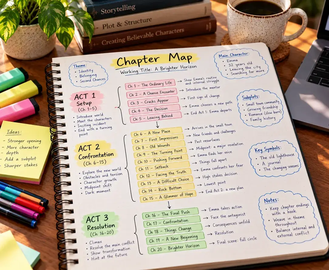 Hand-drawn chapter map breaking a novel into three acts