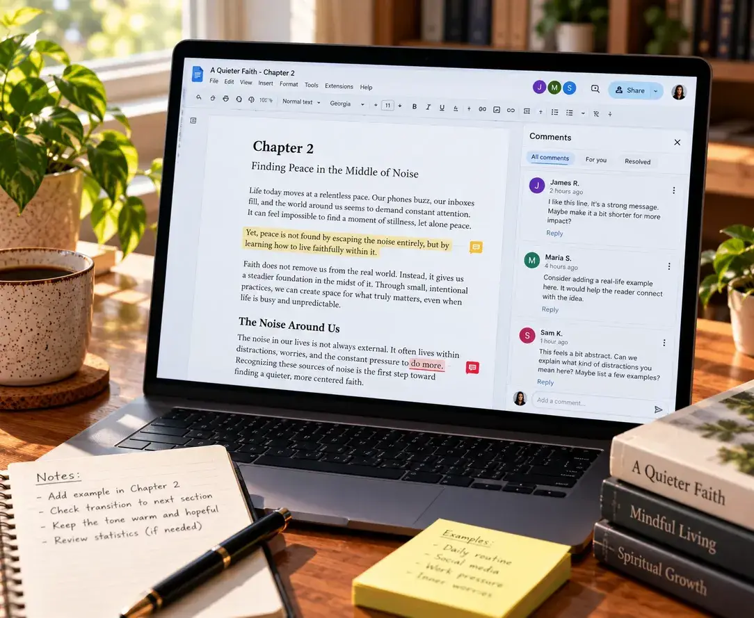 Manuscript chapter in a shared document with editor comments in the sidebar