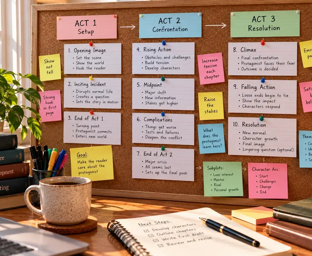 Corkboard with index cards mapping a three-act story structure