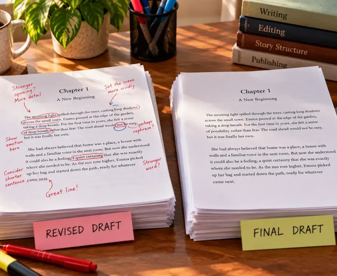 Side-by-side stacks of a marked-up revised draft and a clean final draft
