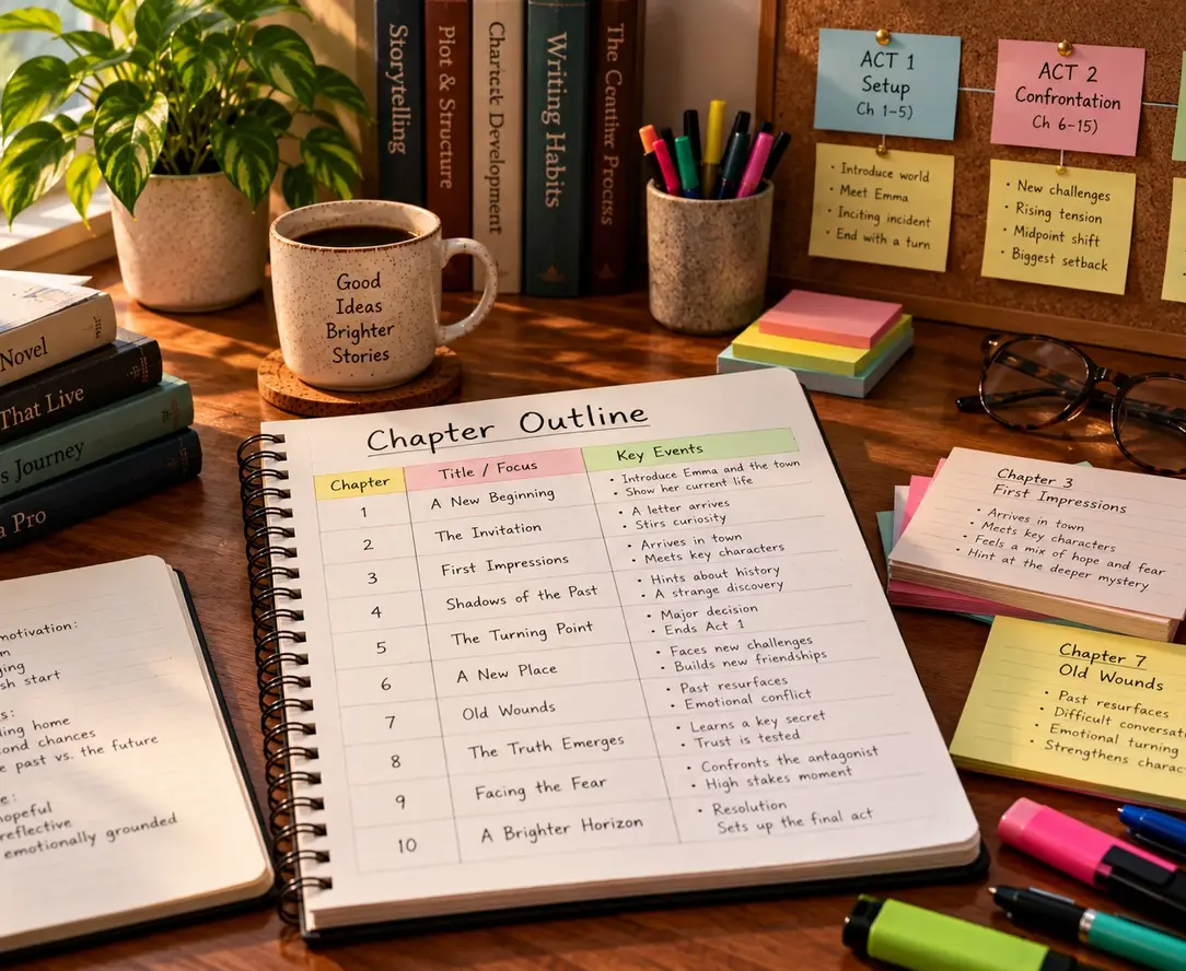 Chapter outline notebook with act-by-act planning cards and notes