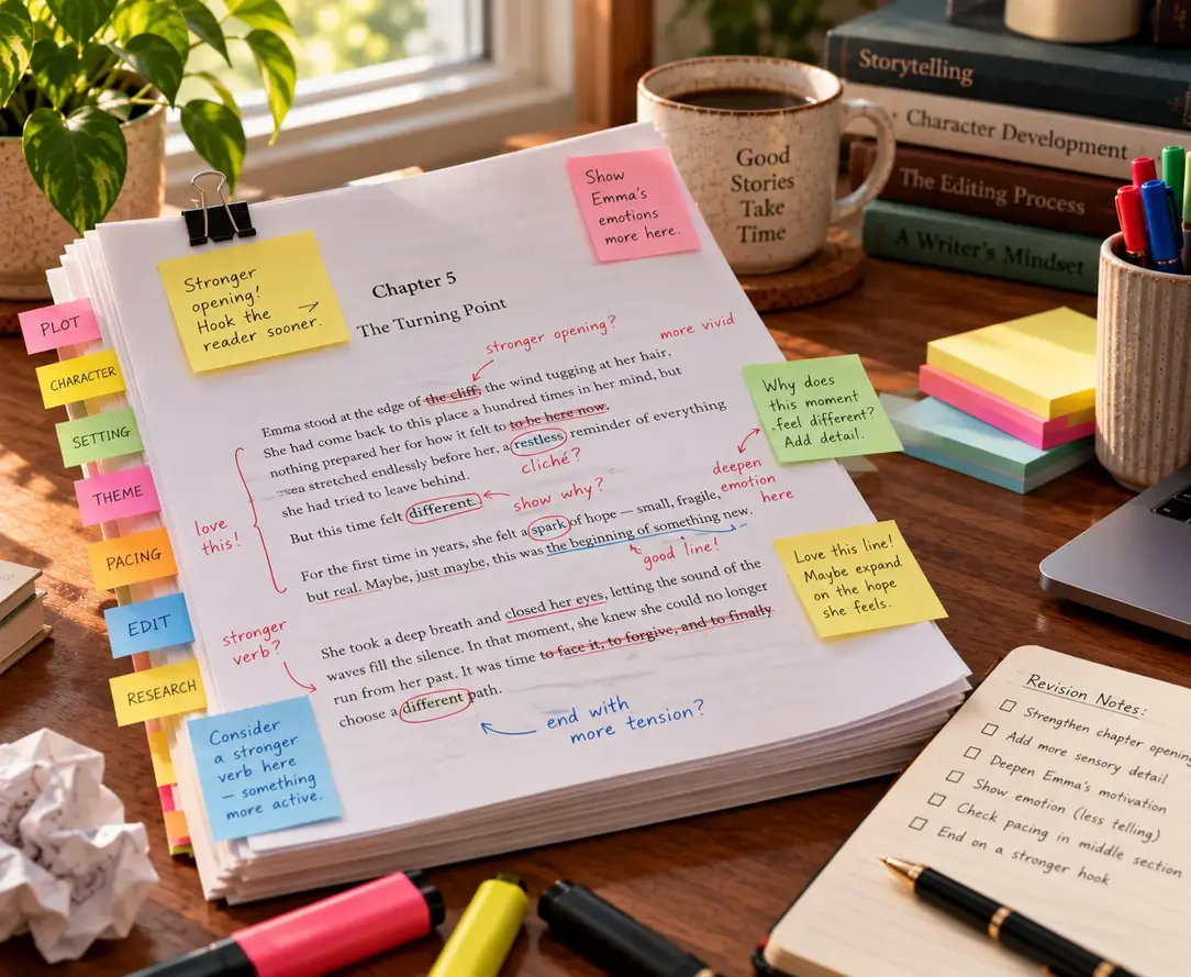 Manuscript chapter with tabs, sticky notes and margin comments